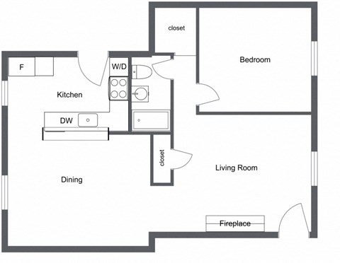 Floor plan for 1 bed, 1 bath, 675 sqft